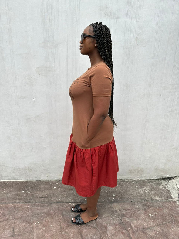 THE LIFTER OF MY HEAD | PSALM 3:1-3 | BROWN/RED |  LOOSE FIT MIDI DRESS
