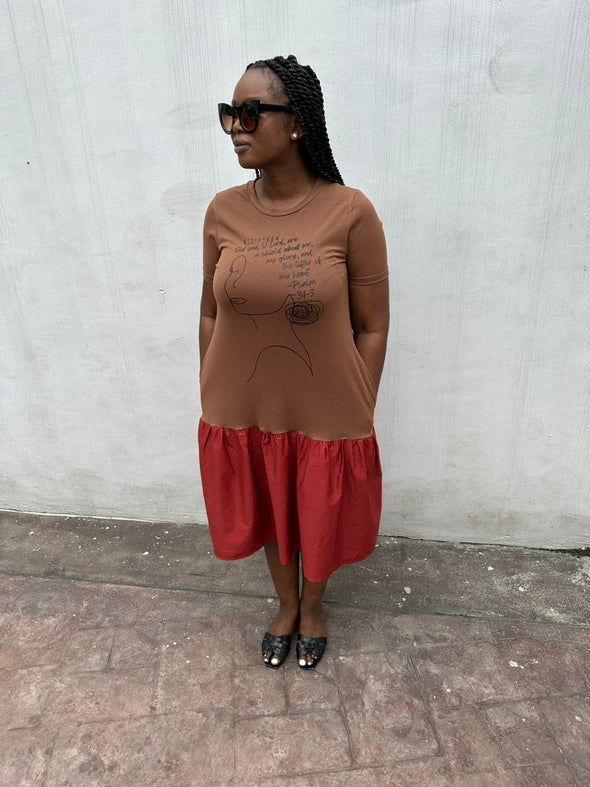 THE LIFTER OF MY HEAD | PSALM 3:1-3 | BROWN/RED |  LOOSE FIT MIDI DRESS