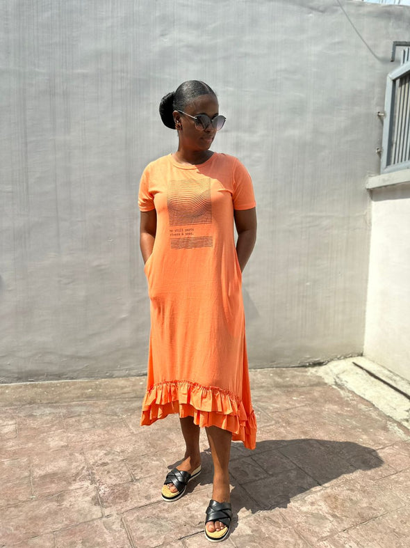 He still parts river & seas | Orange | Midi Length T-Shirt Dress