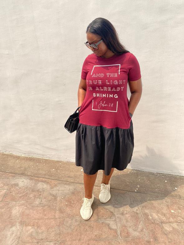 True Light | Burgundy/Black |  Loose Fit Midi Length Dress | 1 John 2:8