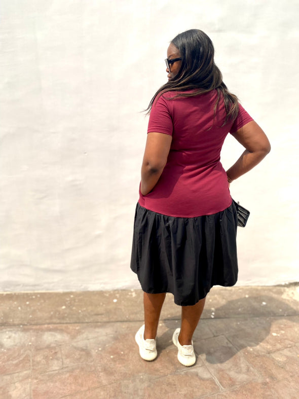 True Light | Burgundy/Black |  Loose Fit Midi Length Dress | 1 John 2:8