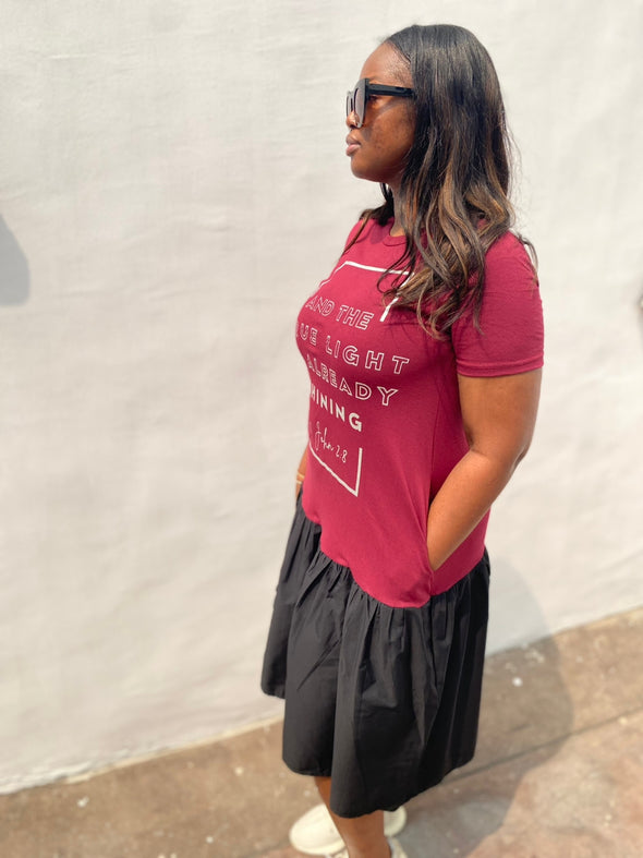 True Light | Burgundy/Black |  Loose Fit Midi Length Dress | 1 John 2:8