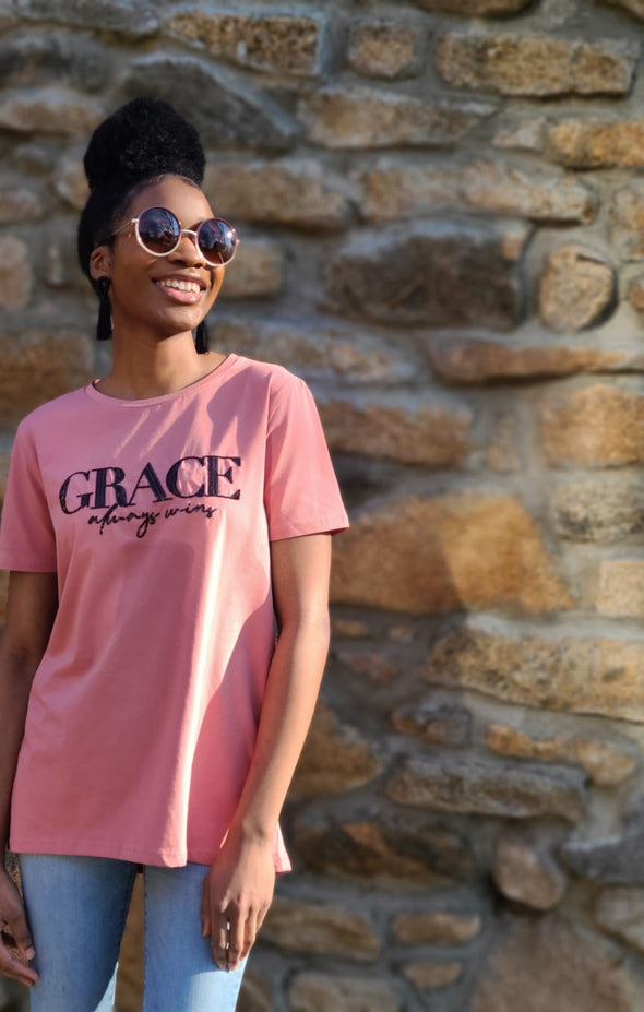 Grace Always Wins | Peach |  High-Low Loose Fit T-Shirt