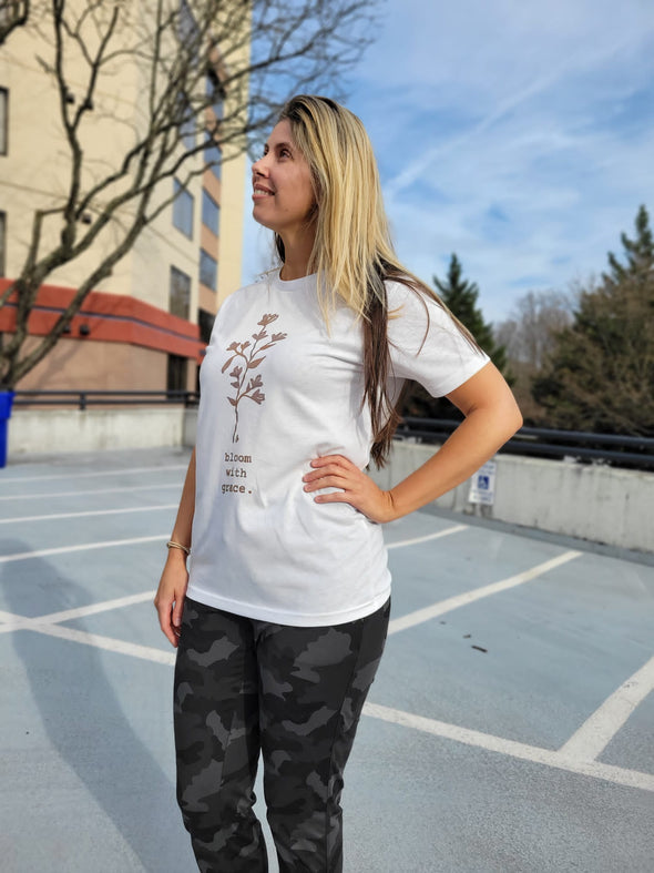 Bloom with Grace | Ladies Tee | White | Relaxed Fit T-Shirt